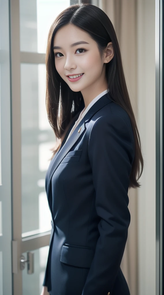The face of a hostess、Dress code: high quality navy blue business suit、Surreal、healthy、Smiling face、Slim and perfect figure、Japanese Beauty、Beautiful Eyes、Perfect Face、Beautiful Skin、From the side、Background is an office on a high floor、By the window