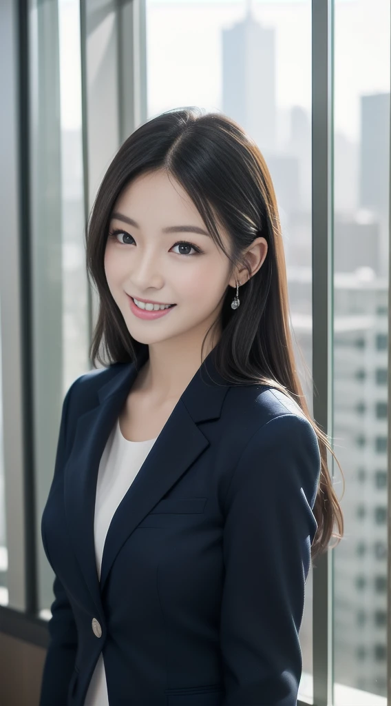 The face of a hostess、Dress code: high quality navy blue business suit、Surreal、healthy、Smiling face、Slim and perfect figure、Japanese Beauty、Beautiful Eyes、Perfect Face、Beautiful Skin、From the side、Background is an office on a high floor、By the window