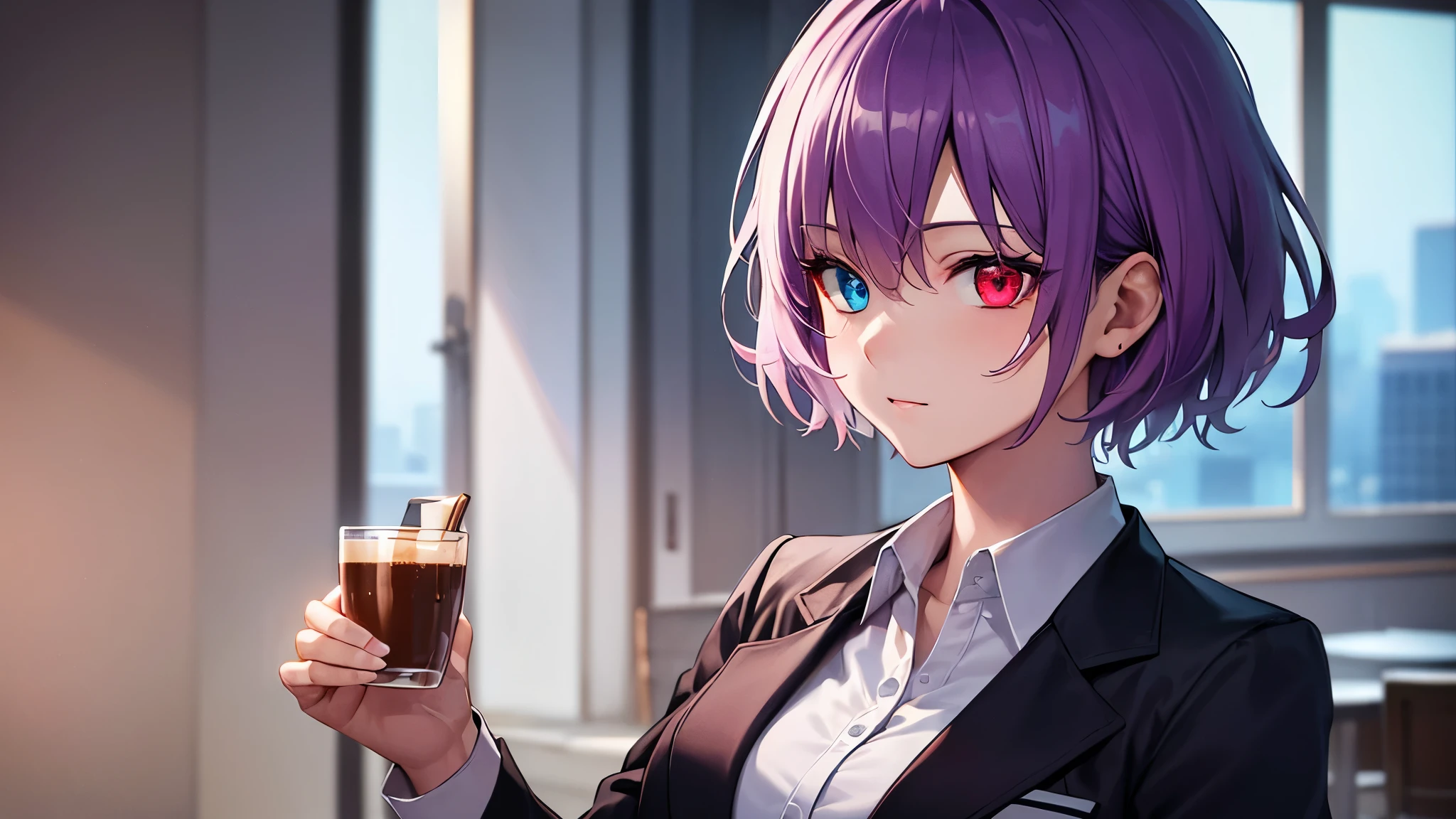Highest quality, 8K, 4K, High resolution, (Beautifully detailed face), High Contrast,1girl,only,short hair,purple hair,heterochromia(red eyes,blue eyes), beautiful eyes, Upper Eye, Moderately sized breasts, Blazer type school uniforms, During a break, Cafe