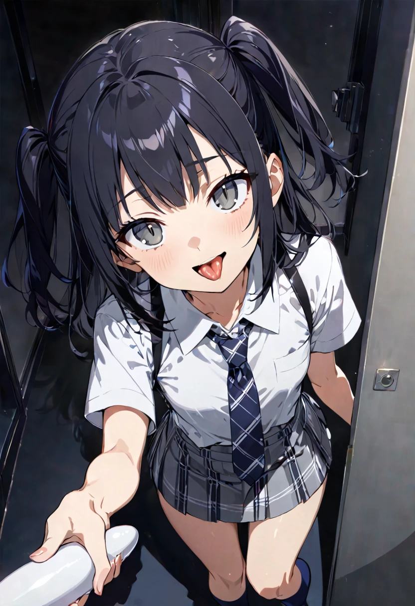 looking ahead,from above,slouch,handjob,side view,face focus,open mouth,tongue out,cum on tongue,Licking a white dildo,(1girl,Beautiful 14 year old girl),((Slender,Small breasts,Baby Face,Small face,)),looking at viewer,Black Hair,bangs,two side up,Gray Eyes,Drooping eyes,slit pupils,narrow eyes,,Short sleeve shirt,Grey checked tie,Grey checked mini skirt,Navy blue socks,Beautiful and detailed anime art,Mischievous smile,Dimly lit room,Simple Background,Gray background,Low lighting
