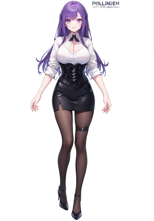 Purple hair,long hair,Adult female,Bartender,((Body harness)),((Rolling up your sleeves shirt)),(Corset),(skirt),(slit),High heels,((Simple background)),Smile,((Full body)),((whole body)),Character Sheet,