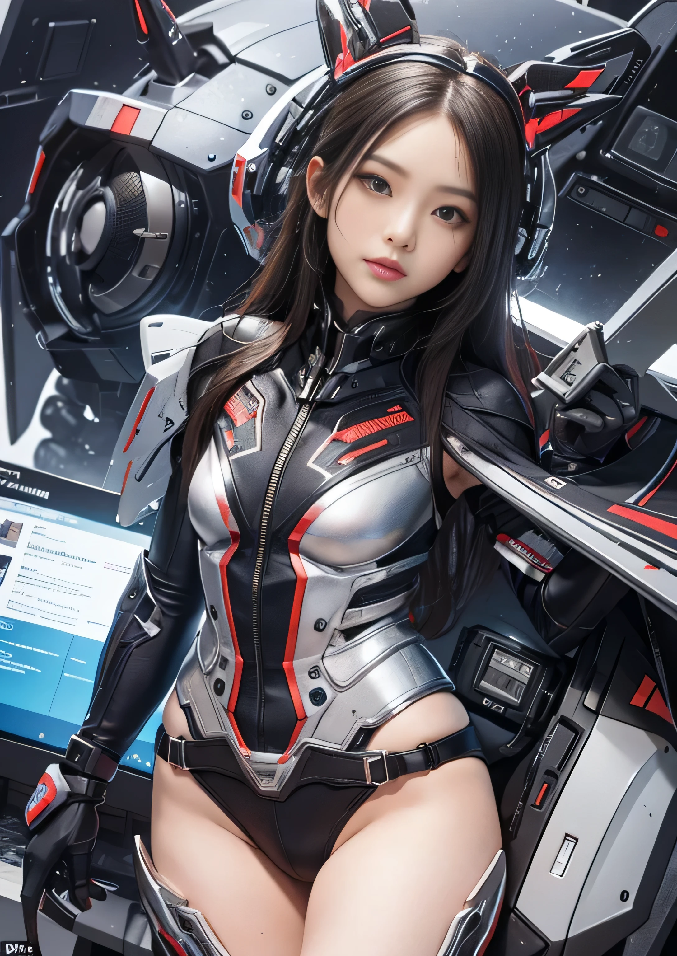 Highest image quality，Outstanding details，超高分辨率，（Fidelity：1.4）, Favor the details，closeup cleavage，The background is a celestial starlight scene with a spaceship, He has a delicate and beautiful face，（（Blue-white semi-mechanical body：1.8）），High-tech mecha weapons, Raised sexy，frontage，cyber punk perssonage，Futuristic，mechanically aesthetic，Virtual Engine 5，Perfect detail rendering，rendering by octane，hyper HD