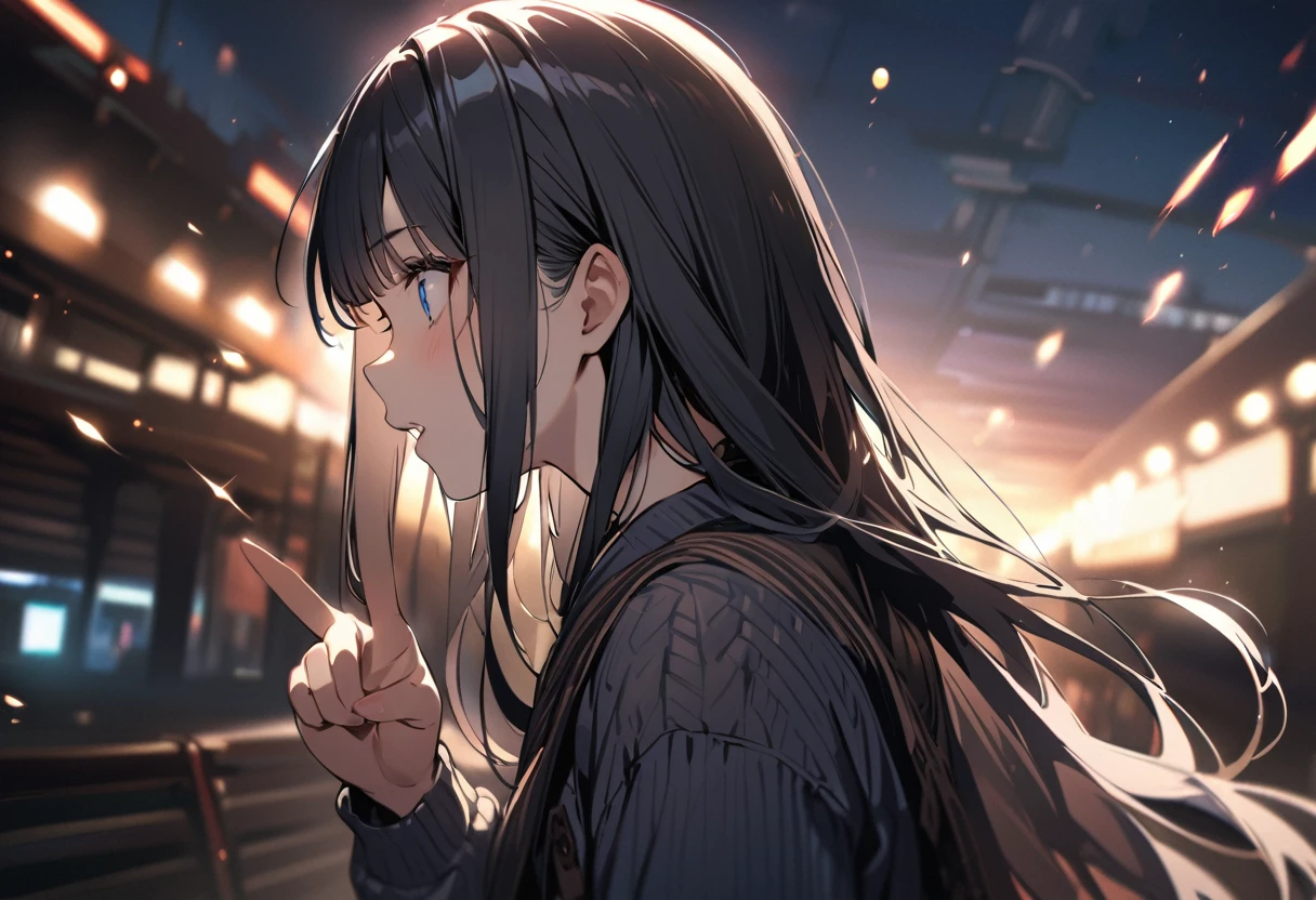 1 girl, long hair, black hair, straight hair, short bangs above brows, blue eyes, surprised, pointing, 
BREAK (masterpiece), (high resolution 8K), cinematic lighting, professional lighting, detailed eyes and face, detailed body, 
BREAK sweater dress, 
BREAK profile, from side