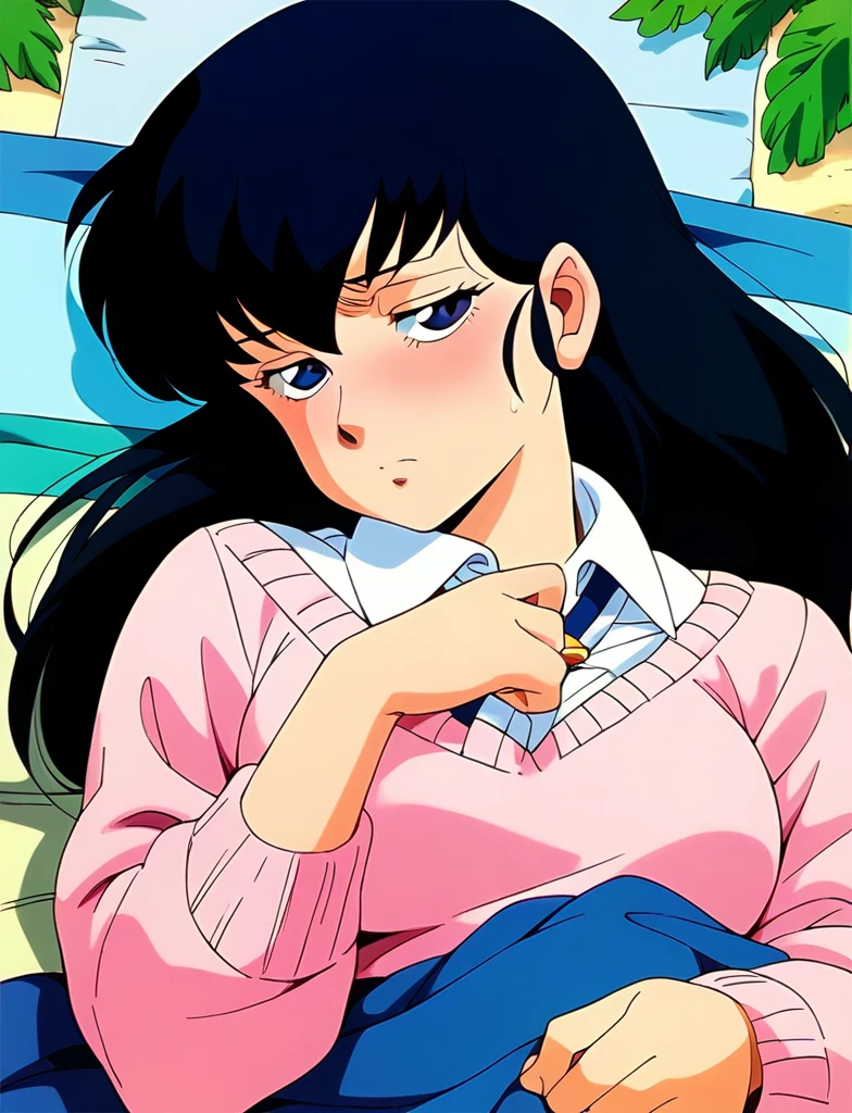 kyoko,score_9,score_8_upper,score_7_upper,sauce_アニメ,One girl,alone,in the forest,Pink Sweater,White collared shirt,length_skirt,blue skirt,Panties、Panties ejaculated,Front view,Lying down,Sad face、