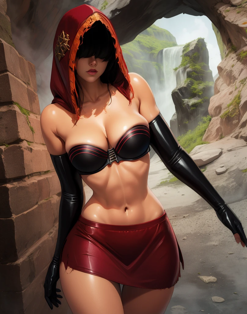 Dsorceress, shadowy face,dark cave, fire, hood, shadowed face, strapless bra, slim and athletic body, miniskirt, no panty, elbow gloves, dark skin, 1 girl (insanely detailed, masterpiece, best quality)