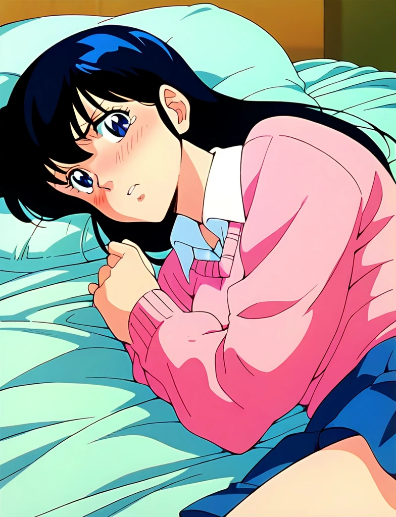 ,Kyoko,score_9,score_8_superior,score_7_superior,sauce_anime,One girl,alone,Distract from the viewer、Hospital bed、Lying down、Pink Sweater,White collared shirt,length_skirt,blue skirt,Embarrassing、捲れたskirt、Panties、Covered in semen、