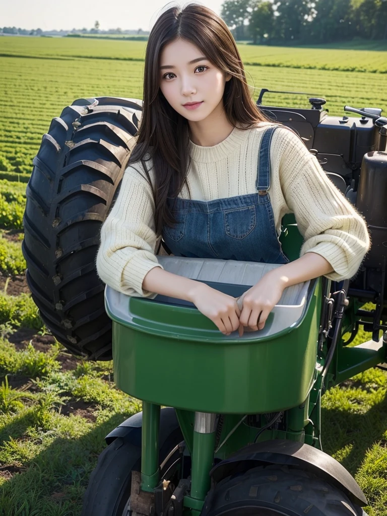 Agricultural tractor、(Highest quality)、((Very detailed))、4K、(8K)、masterpiece、Very detailedな、Highest quality、Super Resolution、1 person、Kind Face、Soft Light、RAW quality、Soft Skin、163cm、30 years old、whole body