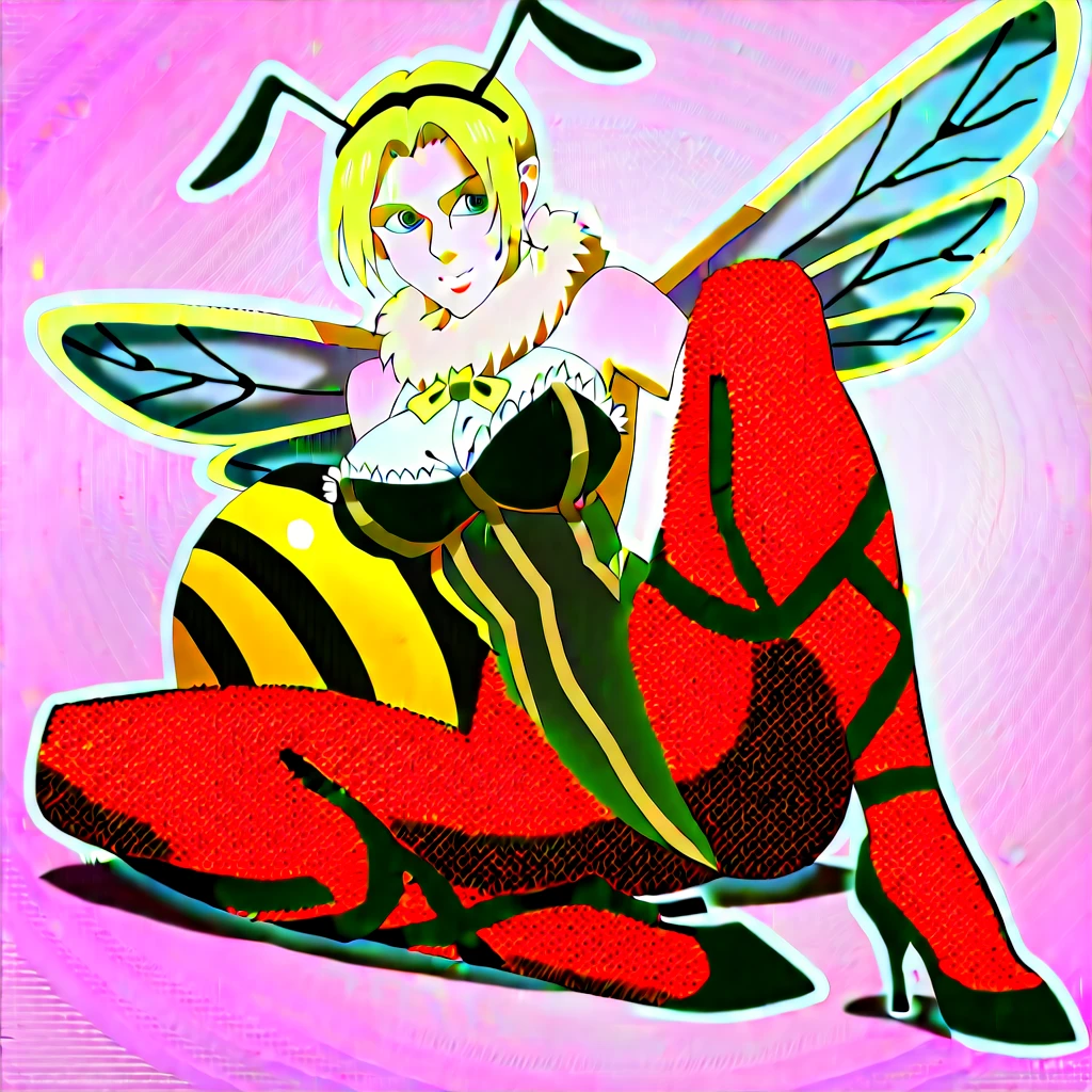 shingeki_no_kyojin_s4_style, honeybee, antennae,
blue wings, highleg leotard, fishnets, pantyhose, high heels,
fur collar, round breast, big breast, short hair, brown hair
