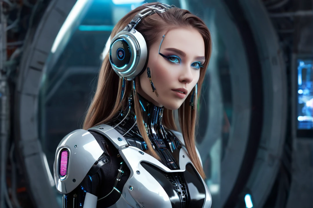 "A futuristic female cyborg with a beautiful, friendly face, designed for a lo-fi music YouTube channel background. She has a Russian-like appearance with long hair, large eyes, a high nose, and a wide mouth. Her body seamlessly integrates mechanical and organic elements, with sleek metal parts, glowing accents, and visible circuitry. Her proportions are perfect, highlighting her advanced design. She is engaging in various gestures, exuding warmth and relatability. The background is a futuristic setting that complements her advanced technology. The overall atmosphere is calm and inviting, ideal for a lo-fi music channel."

