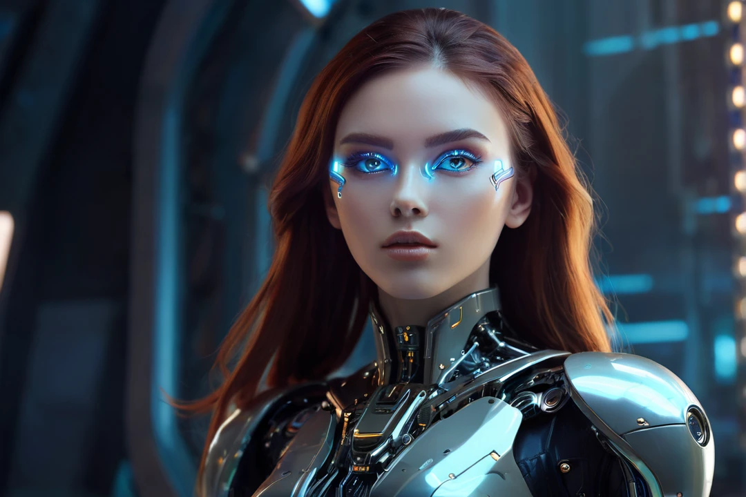 "A futuristic female cyborg with a beautiful, friendly face, designed for a lo-fi music YouTube channel background. She has a Russian-like appearance with long hair, large eyes, a high nose, and a wide mouth. Her body seamlessly integrates mechanical and organic elements, with sleek metal parts, glowing accents, and visible circuitry. Her proportions are perfect, highlighting her advanced design. She is engaging in various gestures, exuding warmth and relatability. The background is a futuristic setting that complements her advanced technology. The overall atmosphere is calm and inviting, ideal for a lo-fi music channel."