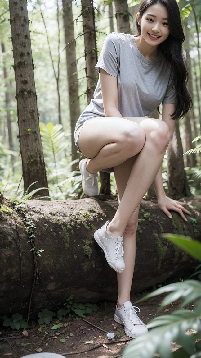 masterpiece, best quality, Surreal, Ultra Detailed, 8k resolution, RAW photos, Clear focus, (A girl in the forest), ((light gray shirt:1.1)), Short sleeve, sports Shorts,Full body posture, Solitary, Perfect body, Become a, 32 inches in the chest,(a charming smile:1), (y pose),26 years old, light,White shoes