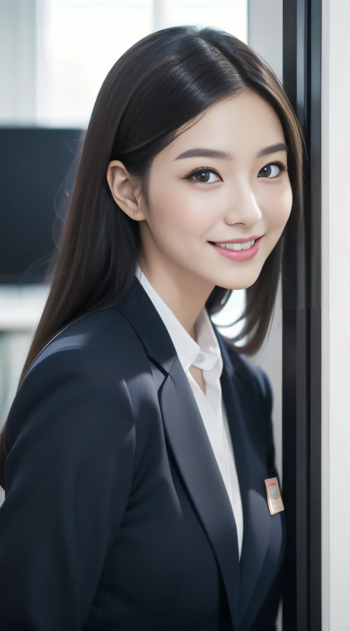 The face of a hostess、Dress code: high quality navy blue business suit、Surreal、healthy、Smiling face、Slim and perfect figure、Japanese Beauty、Beautiful Eyes、Perfect Face、Beautiful Skin、From the side、Background is an office on a high floor、By the window
