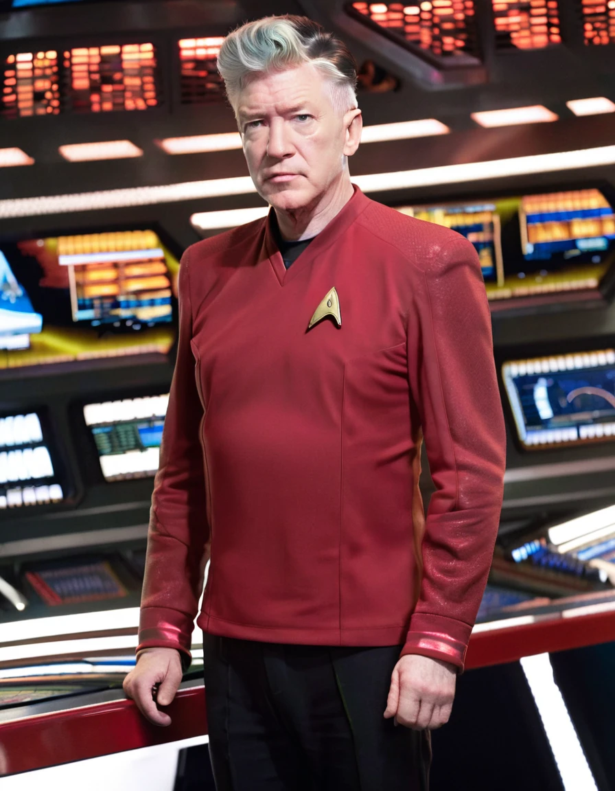 David Lynch in red stsnwunf uniform,on starship bridge,