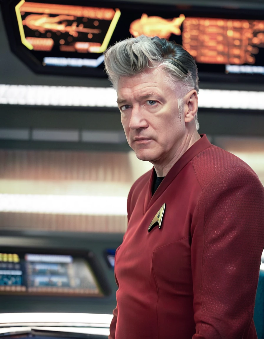 David Lynch in red stsnwunf uniform,on starship bridge,