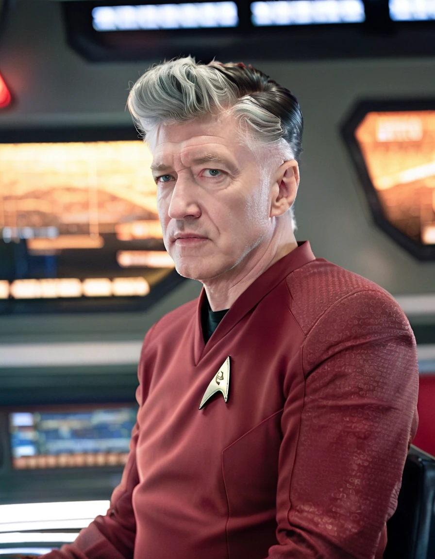 David Lynch in red stsnwunf uniform,on starship bridge,