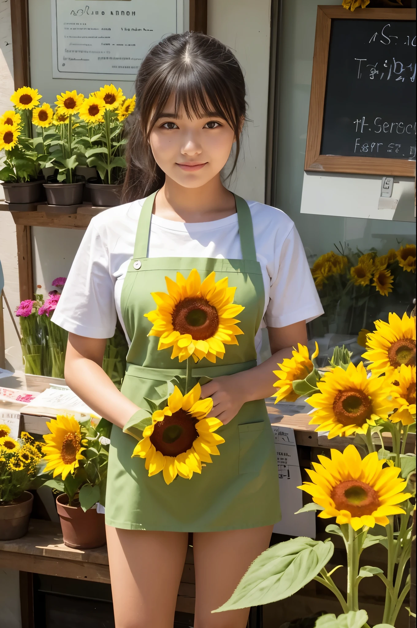 A 20-year-old girl working at a flower shop(Wearing a miniskirt and apron)have a sunflower