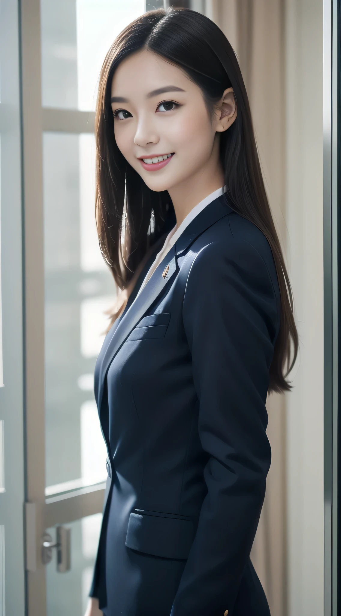 The face of a hostess、Dress code: high quality navy blue business suit、Surreal、healthy、Smiling face、Slim and perfect figure、Japanese Beauty、Beautiful Eyes、Perfect Face、Beautiful Skin、From the side、Background is an office on a high floor、By the window