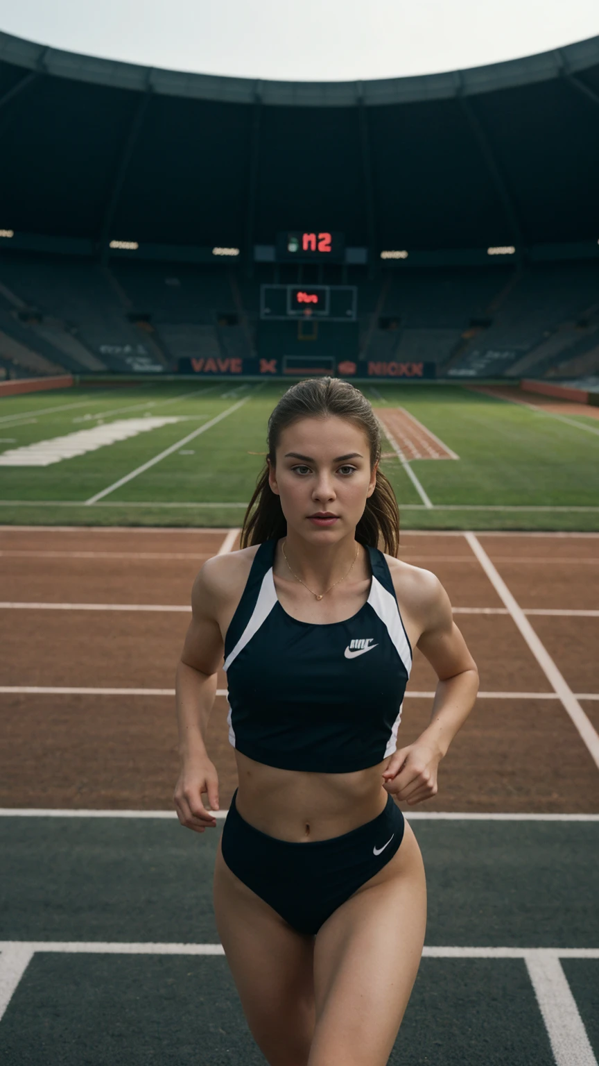 russian, beautiful mature college girl, ((athletic sports:1.2)), athletic sports wear, in stadium, track, ((a running figure)), very fast, motion blur, challenge, outside on track field, photorealistic, cinematic lighting, dark atmosphere, volumetric lighting, action pose, epic scene, nike advertising photography, just do it campaign,from above:1.4