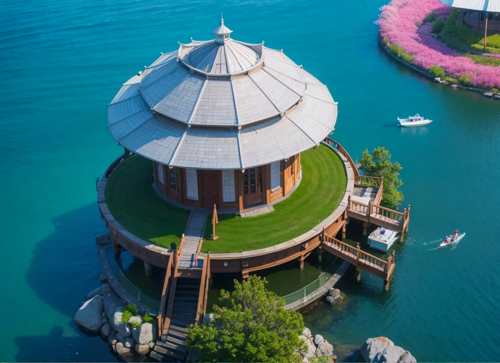 Middle of the lake，There is a modern style pavilion，There is a seating area in the pavilion.，Real material，Ultra-detailed scenes，4K，real picture