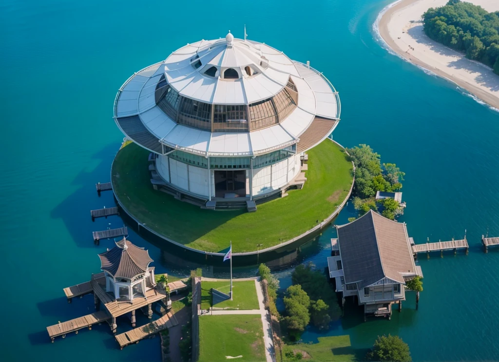 Middle of the lake,There is a modern style pavilion,There is a seating area in the pavilion.,Real material,Ultra-detailed scenes,4K,real picture