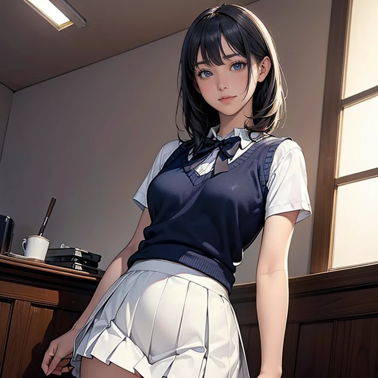 (masterpiece:1.2, Highest quality), (Realistic, photoRealistic:1.4), Beautiful illustrations, (Natural Side Lighting, Cinema Lighting), Written boundary depth,
Looking at the audience, (Face Focus, Upper Body), Front view, 1 Girl, English, high school girl, 18-year-old, Perfect Face, Cute symmetrical face, Shiny skin,
(Bob Hair:1.7, Black Hair), Asymmetrical bangs, Big eyes, Droopy eyes, long eyelashes chest), thin,
Beautiful Hair, Beautiful Face, Beautiful and beautiful eyes, Beautiful clavicle, Beautiful body, Beautiful breasts, Beautiful thighs, Beautiful legs, Beautiful fingers,
((High-quality fabric, brown knit vest, Short sleeve white collar shirt, Navy Pleated Skirt, Navy bow tie)),
(Beautiful views), evening, (Inside the flower shop), Are standing, (smile, Superior, Open your mouth), (From below:1.5),(Poor visibility:1.5), (((Backlight)))