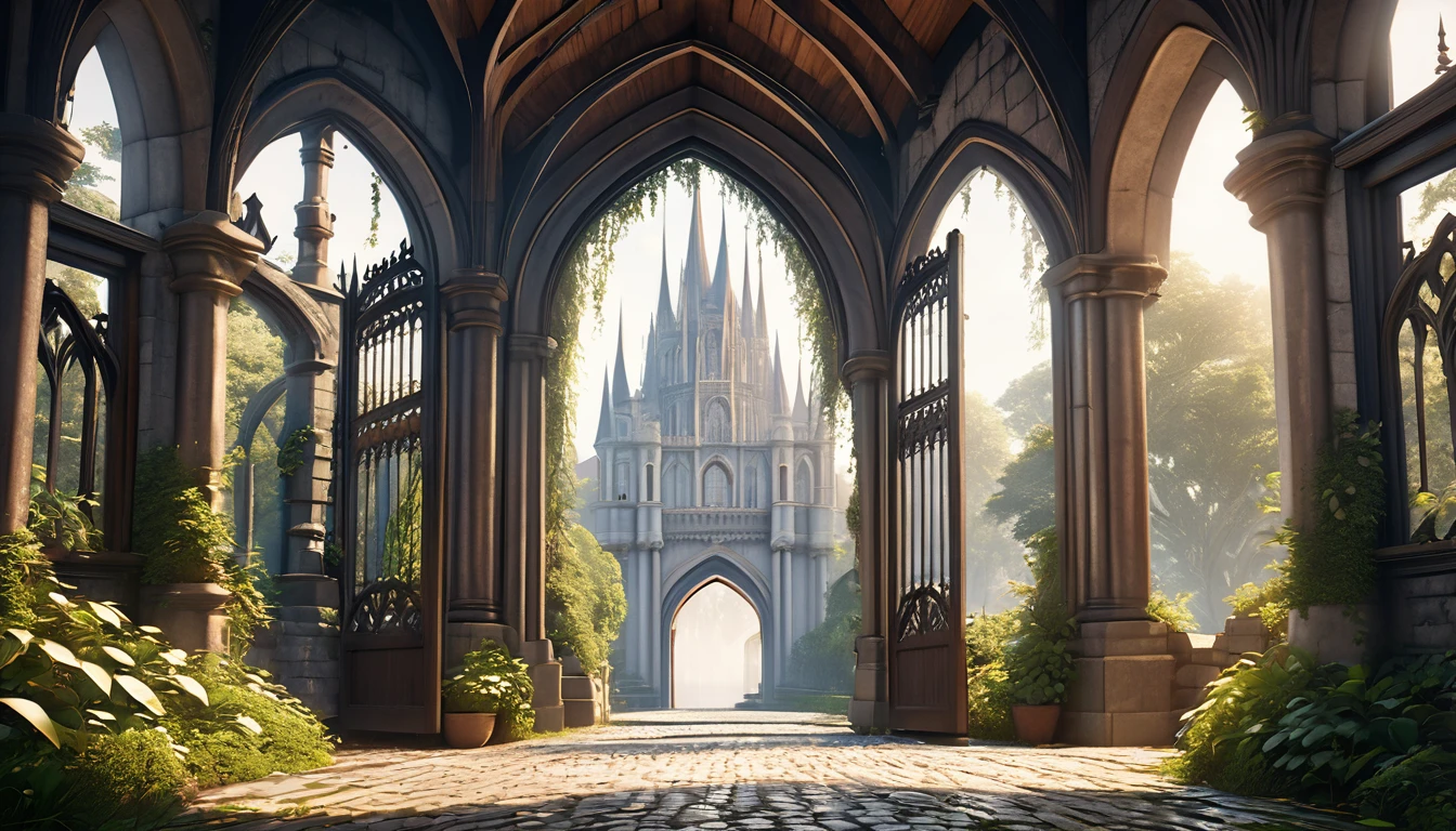 intricate gothic castle, daylight, moody lighting, anime style, distant view, detailed architecture, lush foliage, ornate windows, grandiose gates, cobblestone pathways, dreamy atmosphere, (best quality,4k,8k,highres,masterpiece:1.2),ultra-detailed,(realistic,photorealistic,photo-realistic:1.37),cinematic lighting, warm color tones, dramatic shadows, dynamic composition
