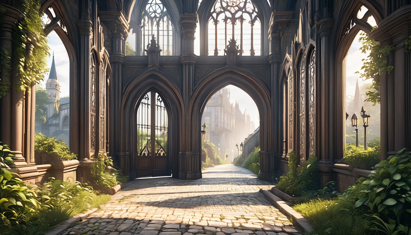 intricate gothic castle, daylight, moody lighting, anime style, distant view, detailed architecture, lush foliage, ornate windows, grandiose gates, cobblestone pathways, dreamy atmosphere, (best quality,4k,8k,highres,masterpiece:1.2),ultra-detailed,(realistic,photorealistic,photo-realistic:1.37),cinematic lighting, warm color tones, dramatic shadows, dynamic composition