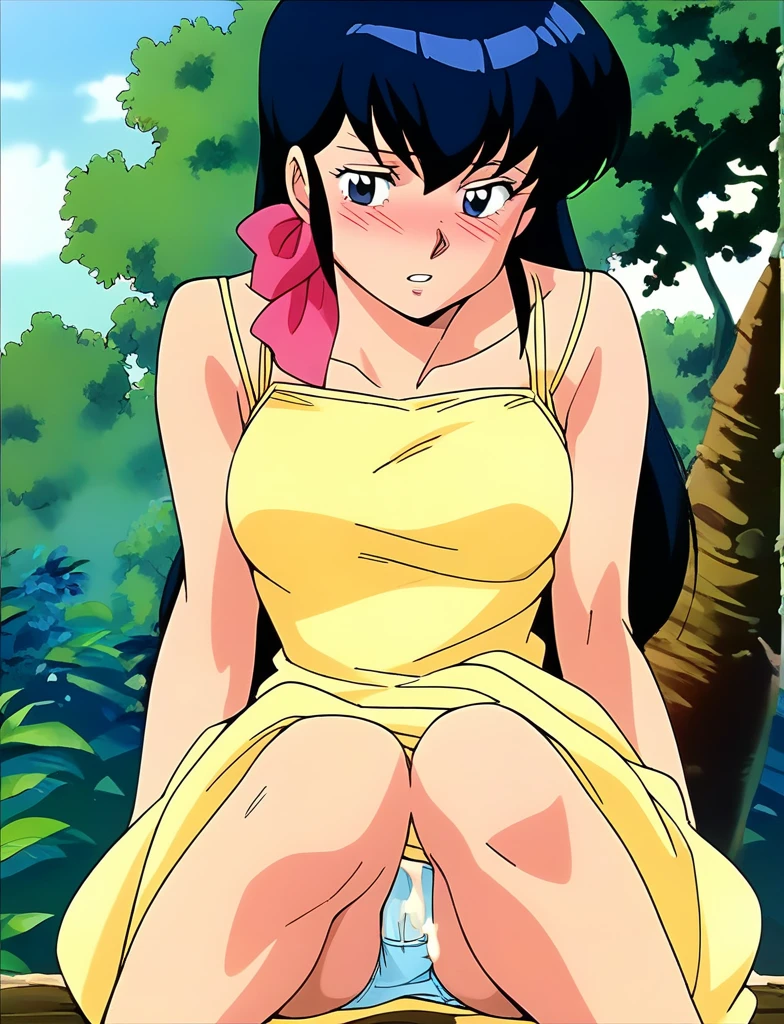 ,kyoko,score_9,score_8_upper,score_7_upper,sauce_アニメ,One girl,alone,View your viewers,in the forest、Yellow dress、squat、Spread your legs、Panties,Front view,Are standing,Embarrassing,:d,arms_behind_return,Sleeveless summer dress、Cum on crotch、