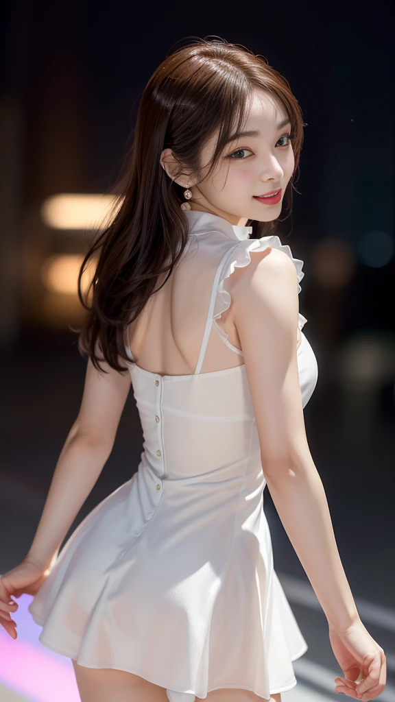 8K, masutepiece, Raw photo, Best Quality, Photorealistic, Highly detailed CG Unity 8k wallpaper, depth of fields, Cinematic Light, Lens Flare, Ray tracing, (Extremely beautiful face, Beautiful lips, Beautiful eyes), intricate detail face, ((Ultra detailed skin)) 1girl in, In the Dark, deepshadow, Pretty Korean girl, Kpop Idol, 1 girl, (Very slim and slender fit muscular body:1.3), ((Looking at Viewer)),(Big smile:1.3), (Midnight, a dark night, (Neon sign), (Blurred background), Dim light), (No people in the background:1.3), Beautiful earrings, Bracelets, Necklace, pantyhose, Clear eyes, Walking , Front shot, (pale skin), (Big eyes), Face forward, (Full body shot), (Brown hairs), open navel, (Looking at Viewer:1.3), Very slim, medium breasts, (Camel toe), thick thighs, turn back, (fluttering mini dress), ((White Collar Dresses)), (Tight skirt), ((backtrack, Back shot)), Ultra mini skirt, exposed ass, upper Shot