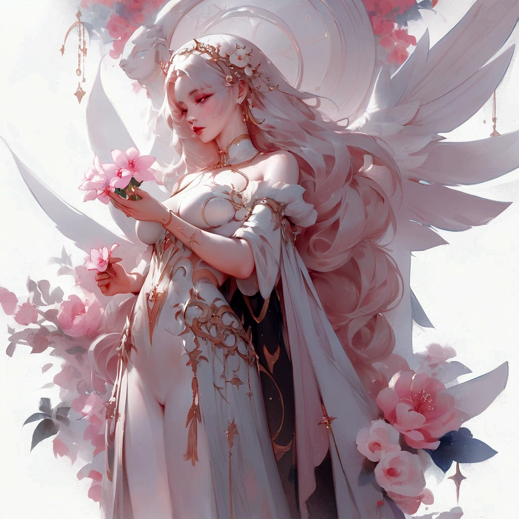 There is a statue of a woman holding a pink flower in her hand., Guweizu, 🌺 CGSociety, artwork in the style of Guweizu, heavenly fantasy, amazing young celestial figure, Guweizu masterpiece, by Russell Lu Dongjun, ros tran(ross tran)and WLOP, popular on cgstation, Subtle and dreamy, heavenly beauty, dreamy and detailed