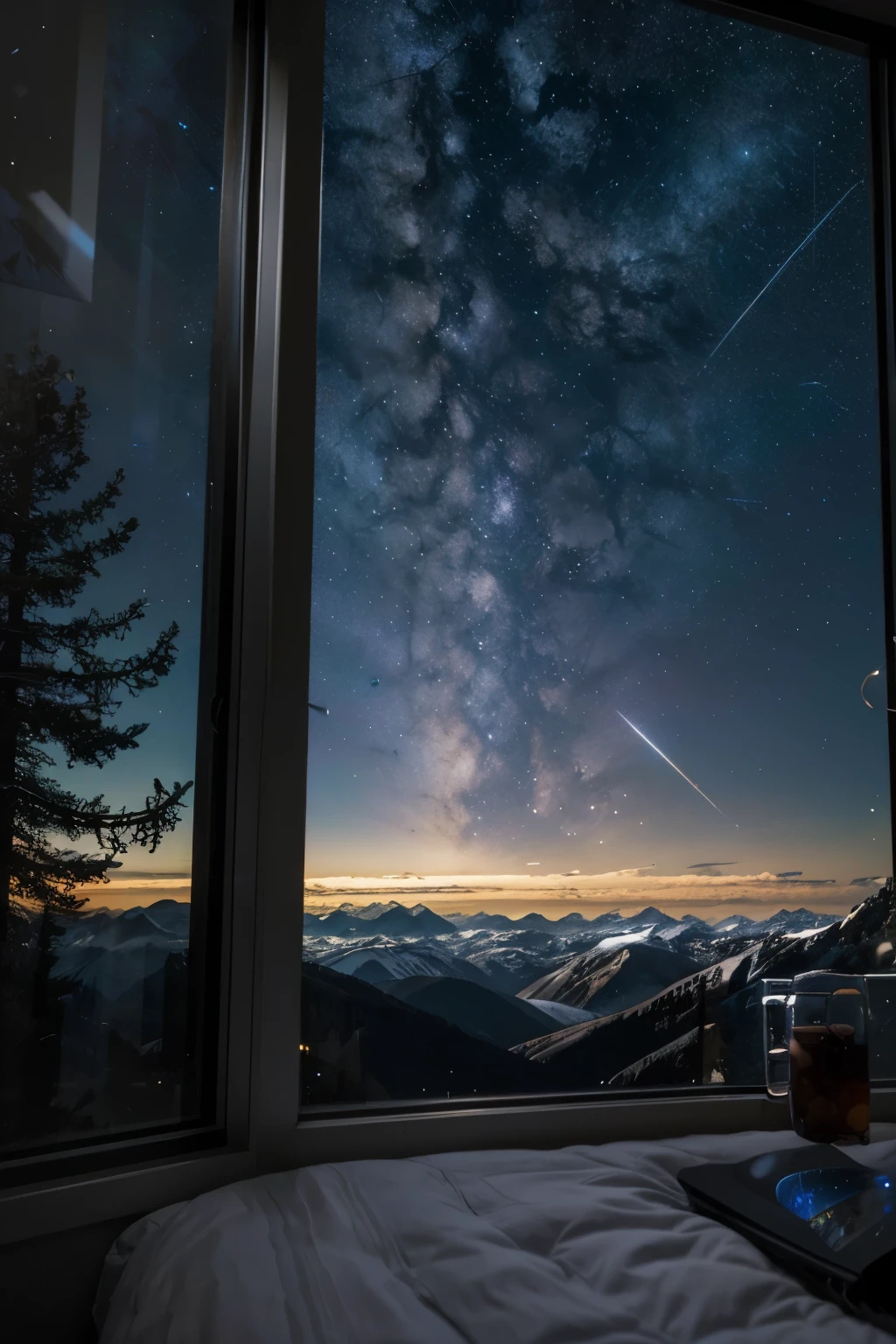 open window revealing outer space, with a starry sky, planets, and galaxies visible. Through the window, include elements of nature such as trees, mountains, and a river, alongside symbols of technology like circuits and a satellite. Use vibrant colors and a modern, clean style. The title "The Window of Knowledge" should be prominently displayed at the top or bottom in clear and attractive typography.