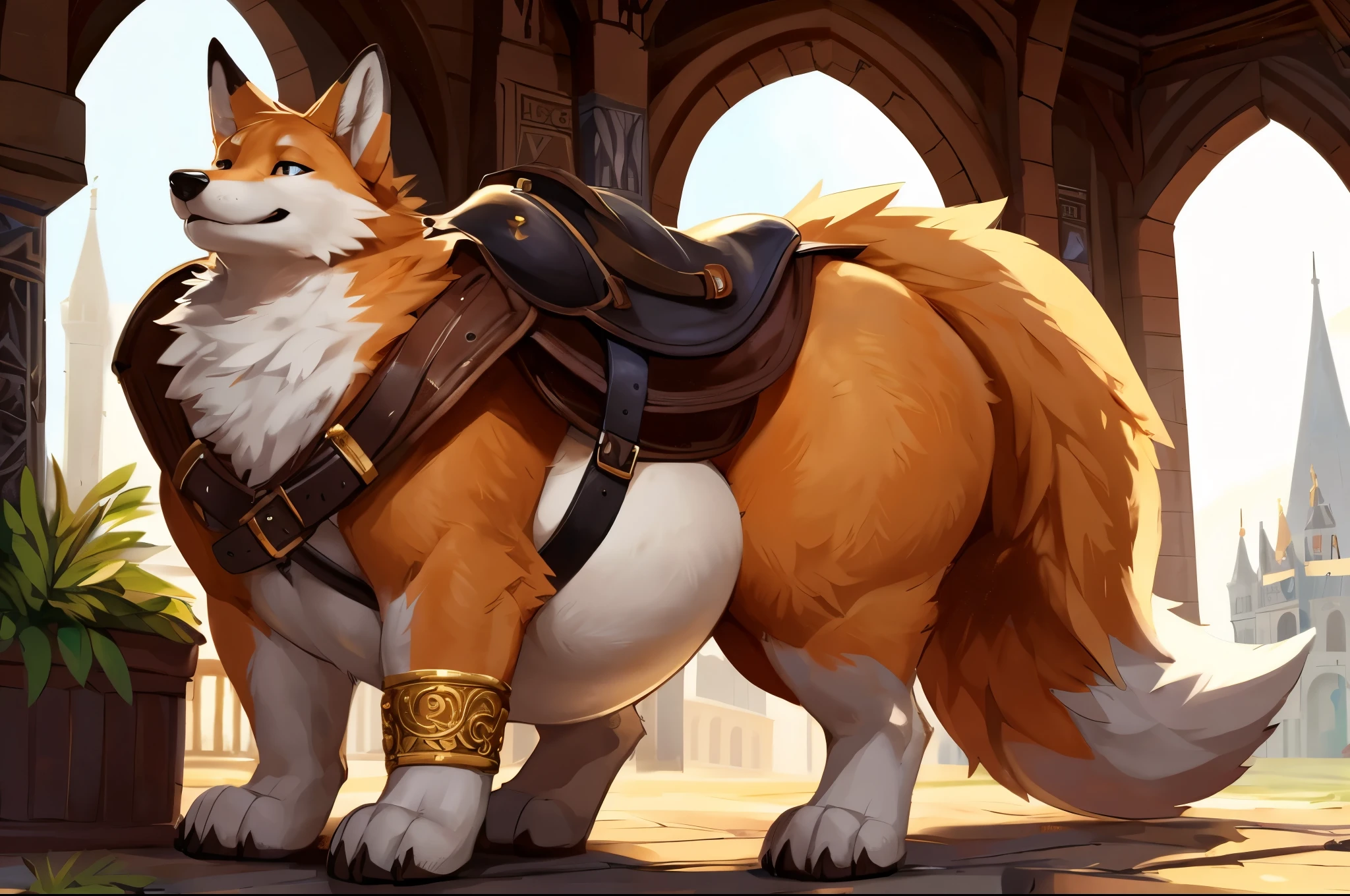 4k ultra quality, 4k full body view,ultra high detailed body,singo person,feral fox, detailed body, white belly fur, ((round feral belly)), enormous belly, enormous body,by mystikfox61, by glitter trap boy, by bebebebebe,by morethreedee, by seibear,(thick thigh),(chubby thigh),thicc thigh,thick legs,chubby legs,thicc legs,massive butt,enomorous thigh,massive thigh,massive legs,(detailed thigh),(wide thigh),thick butt,fluffy belly,furry belly,sharp nails,((sfw)),(ultra detailed face),ultra detailed eyes,cute face,(golden fur),mouth open,big tail,fluffy tail,(detailed tail),enomorous tail,bigger tail,huge tail,bloated feral belly,enomorous thigh,fluffy paws,detailed paws,thick paws,chubby paws,huge paws,big paws,(black paws),bare paws,ornate belts,ornate necklace,golden bracelet,leather belts,multiple belts, saddle bags,ornate saddle,saddle packs,big packs,beside a castle,mediaeval style,(macro fox)