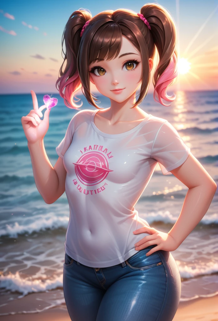 (best quality:1.4),(shiny skin), body focus, (cute face), (((best quality))), illustration, ((Beautiful Finger)), , Beautiful body, Beautiful character design, ,perfect lighting, Colorful, Bright_Front_face_Lighting, ultra high res, highres, absurdres:1.2, bokeh:1.2, lens flare, (vibrant_color:1.2), (Beautiful, small breasts:1.6), (thick thighs:1.3), THICK,
small hair, (brown hair:1.2), two pigtails held by pink hair ties, large round brown eyes, short bangs, urprised facial expression, t-shirt, large jeans, (ocean:1.3), sand, sun, outdoors, detailed eyes, looking at the viewer, hand on hip