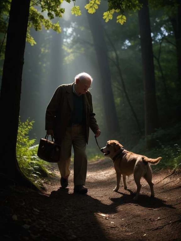 A kind grandpa and his trusty dog rush to the help of an uninvited guest lost in the woods  dark chiaroscuro low-key