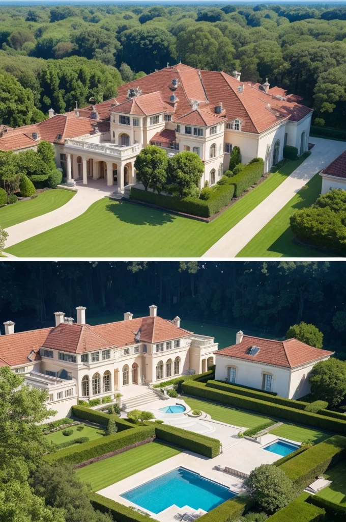 1. A large luxurious mansion with manicured gardens, swimpool, luxury cars in the garage and uniformed employees. with high quality