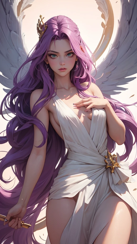 cabelo roxo (purple hair), Greek goddess, sculptural body, super detailed hand, super detailed face, hyper detailed body, No defects, (greeneyes), focused eyes, pretty detailed eyes, pale skin, blushed face, crown on head, long hair, slickedback hair, coiffure, expression of pleasure, fearless stance, partes do fully body, entire limbs, fully body, pink hair, gorgeous fur, high resolution, 4K, lined eyes. fully body, toned thighs, small feet, Waist slender, big-ass, long white dress, small foot, role model, best qualityer, legs open, fearless pose, Point of view, wings with feather