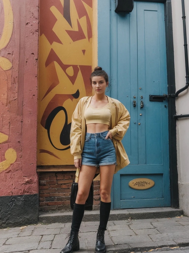 her name is Amelie, high quality, 1girl, ((20-year-old fit Caucasian woman)), ((20 years old)), ((fit)), ((Half-Up Bun dark hair)), pose: standing, wearing stylish fashionable Generation-Z modern wear colored, BACKGROUND:On Temple Bar, with lively pubs, colorful street art, and cobblestone streets.