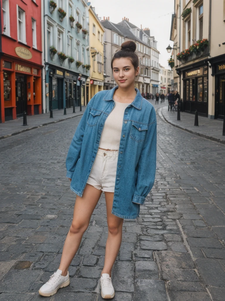 her name is Amelie, high quality, 1girl, ((20-year-old fit Caucasian woman)), ((20 years old)), ((fit)), ((Half-Up Bun dark hair)), pose: standing, wearing stylish fashionable Generation-Z modern wear colored, BACKGROUND:On Temple Bar, with lively pubs, colorful street art, and cobblestone streets.