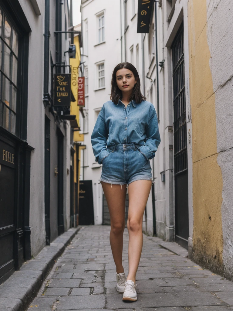 her name is Amelie, high quality, 1girl, ((20-year-old fit Caucasian woman)), ((20 years old)), ((fit)), ((Half-Up Bun dark hair)), pose: standing, wearing stylish fashionable Generation-Z modern wear colored, BACKGROUND:On Temple Bar, with lively pubs, colorful street art, and cobblestone streets.