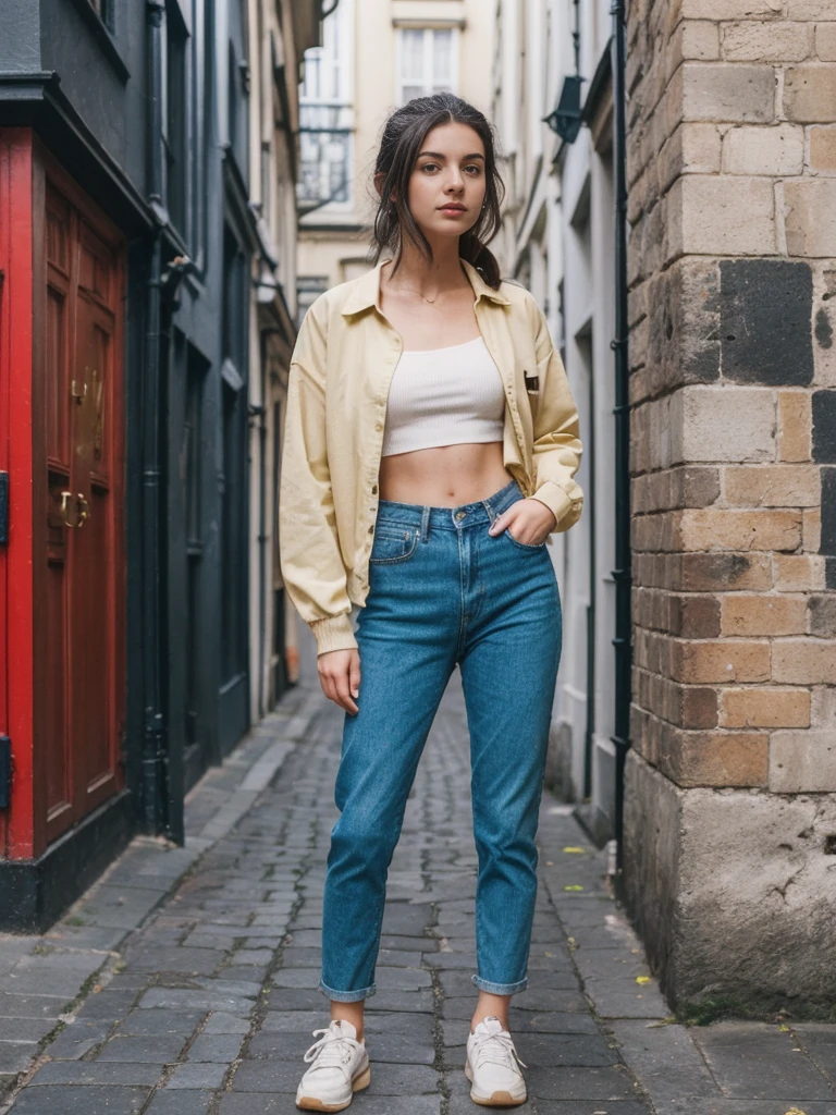 her name is Amelie, high quality, 1girl, ((20-year-old fit Caucasian woman)), ((20 years old)), ((fit)), ((Half-Up Bun dark hair)), pose: standing, wearing stylish fashionable Generation-Z modern wear colored, BACKGROUND:On Temple Bar, with lively pubs, colorful street art, and cobblestone streets.