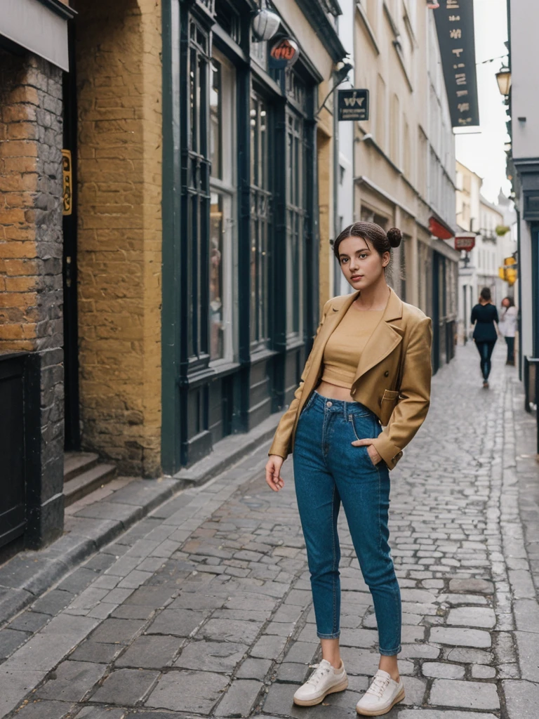 her name is Amelie, high quality, 1girl, ((20-year-old fit Caucasian woman)), ((20 years old)), ((fit)), ((Half-Up Bun dark hair)), pose: standing, wearing stylish fashionable Generation-Z modern wear colored, BACKGROUND:On Temple Bar, with lively pubs, colorful street art, and cobblestone streets.