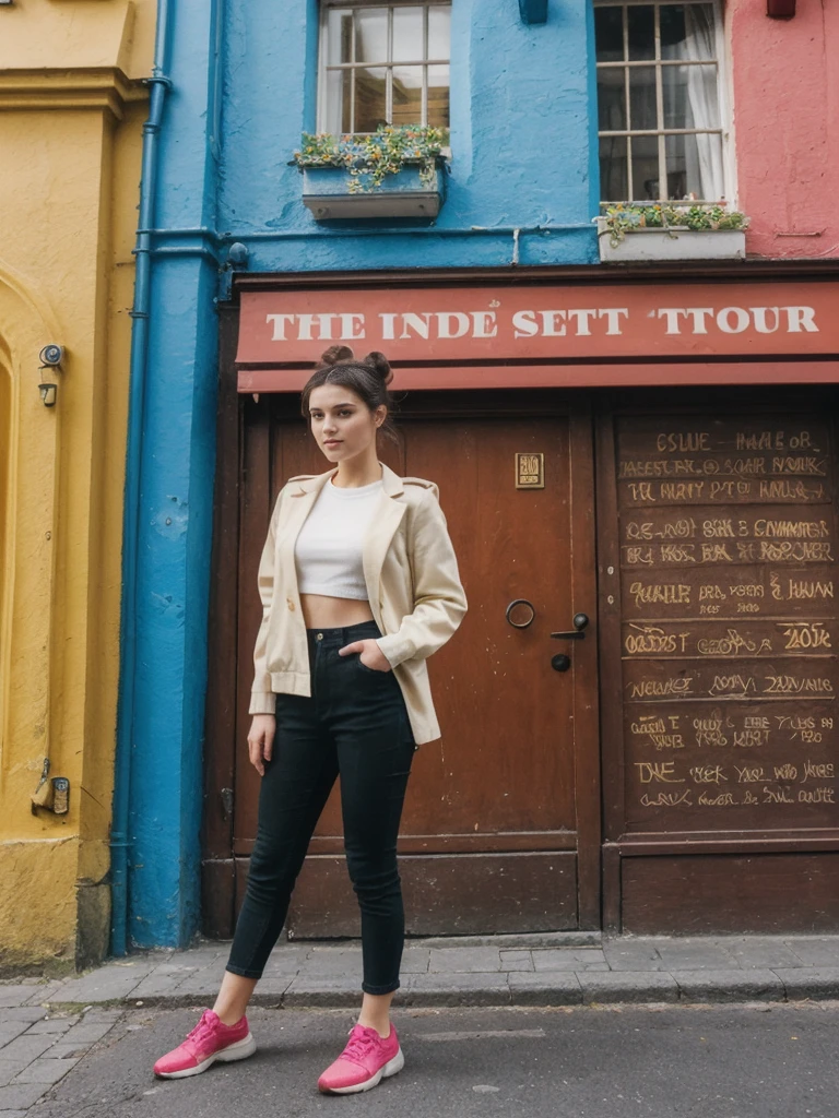 her name is Amelie, high quality, 1girl, ((20-year-old fit Caucasian woman)), ((20 years old)), ((fit)), ((Half-Up Bun dark hair)), pose: standing, wearing stylish fashionable Generation-Z modern wear colored, BACKGROUND:On Temple Bar, with lively pubs, colorful street art, and cobblestone streets.