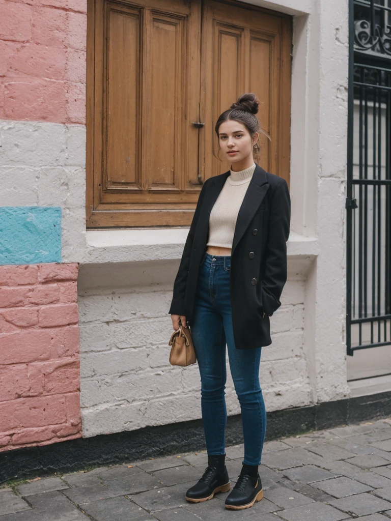 her name is Amelie, high quality, 1girl, ((20-year-old fit Caucasian woman)), ((20 years old)), ((fit)), ((Half-Up Bun dark hair)), pose: standing, wearing stylish fashionable Generation-Z modern wear colored, BACKGROUND:On Temple Bar, with lively pubs, colorful street art, and cobblestone streets.