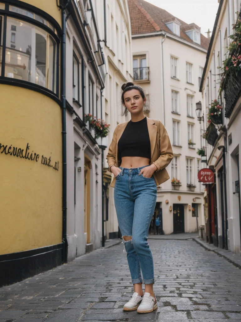 her name is Amelie, high quality, 1girl, ((20-year-old fit Caucasian woman)), ((20 years old)), ((fit)), ((Half-Up Bun dark hair)), pose: standing, wearing stylish fashionable Generation-Z modern wear colored, BACKGROUND:On Temple Bar, with lively pubs, colorful street art, and cobblestone streets.