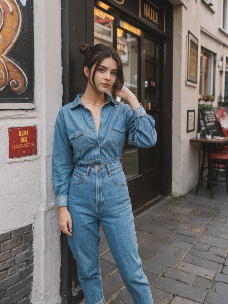 her name is Amelie, high quality, 1girl, ((20-year-old fit Caucasian woman)), ((20 years old)), ((fit)), ((Half-Up Bun dark hair)), pose: standing, wearing stylish fashionable Generation-Z modern wear colored, BACKGROUND:On Temple Bar, with lively pubs, colorful street art, and cobblestone streets.