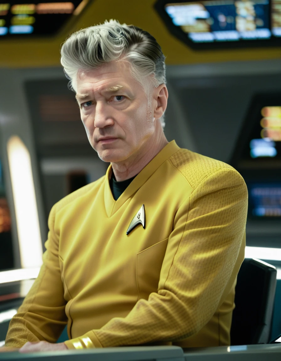 David Lynch in yellow stsnwunf uniform,on starship bridge,