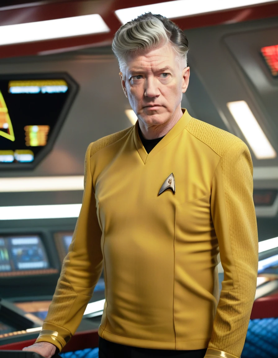 David Lynch in yellow stsnwunf uniform,on starship bridge,