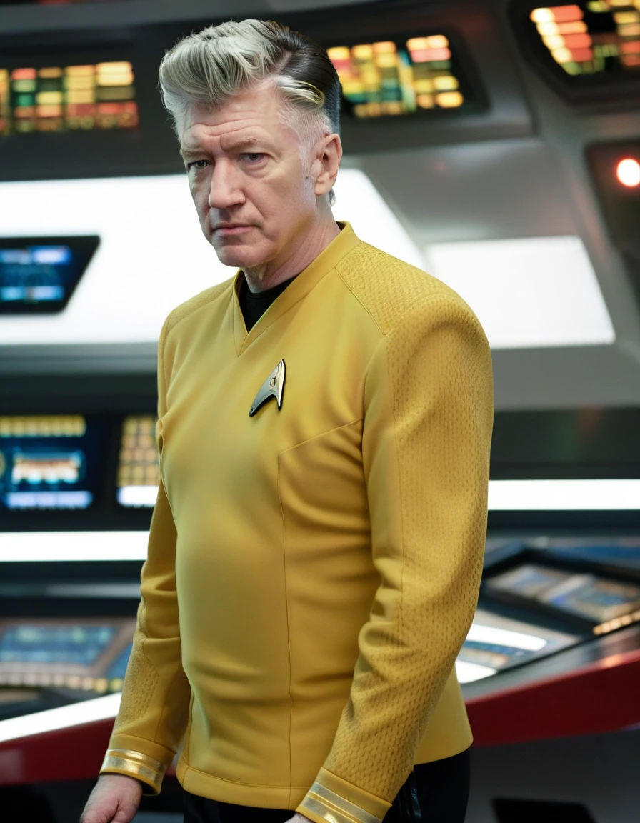 David Lynch in yellow stsnwunf uniform,on starship bridge,