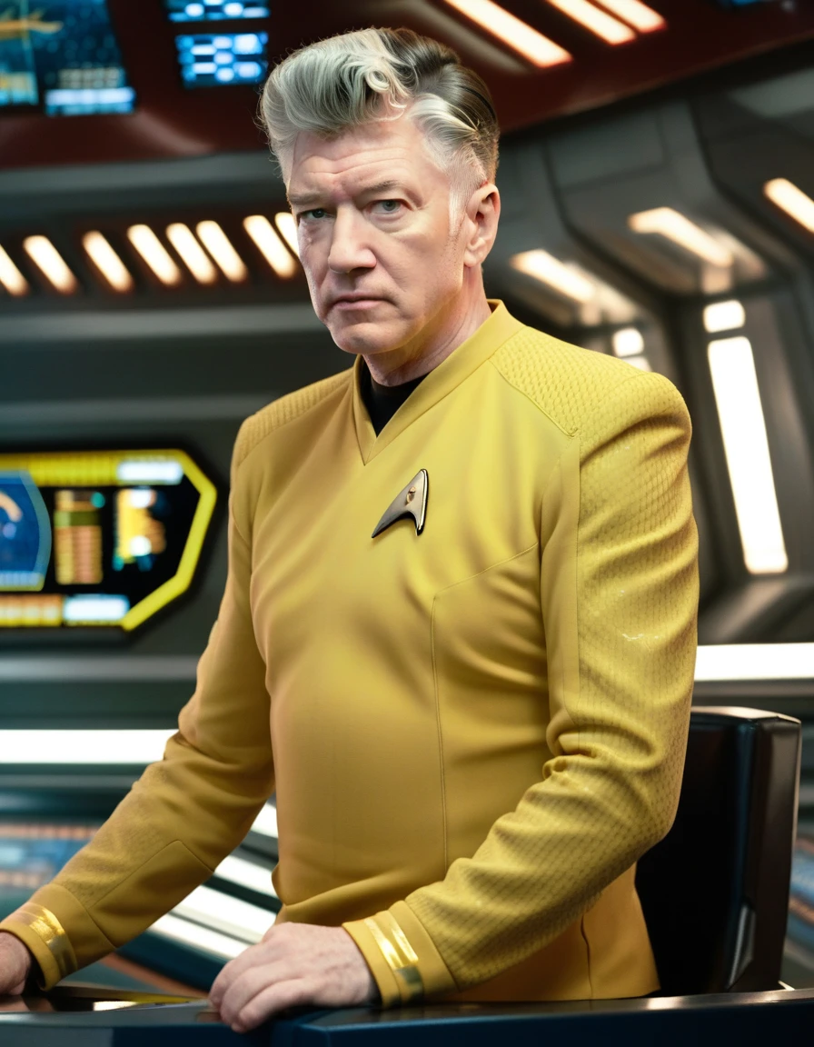 David Lynch in yellow stsnwunf uniform,on starship bridge,