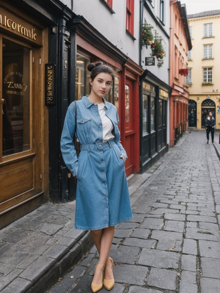 her name is Amelie, high quality, 1girl, ((20-year-old fit Caucasian woman)), ((20 years old)), ((fit)), ((Half-Up Bun dark hair)), pose: standing, wearing stylish fashionable Generation-Z modern wear colored, BACKGROUND:On Temple Bar, with lively pubs, colorful street art, and cobblestone streets.